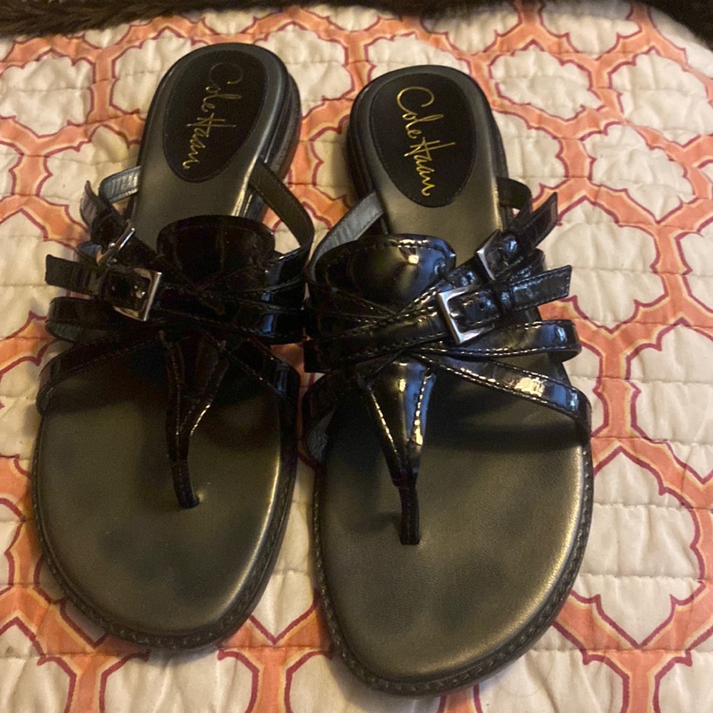 Cole Haan black patent and silver hardware lightly worn 7.5 sandals
